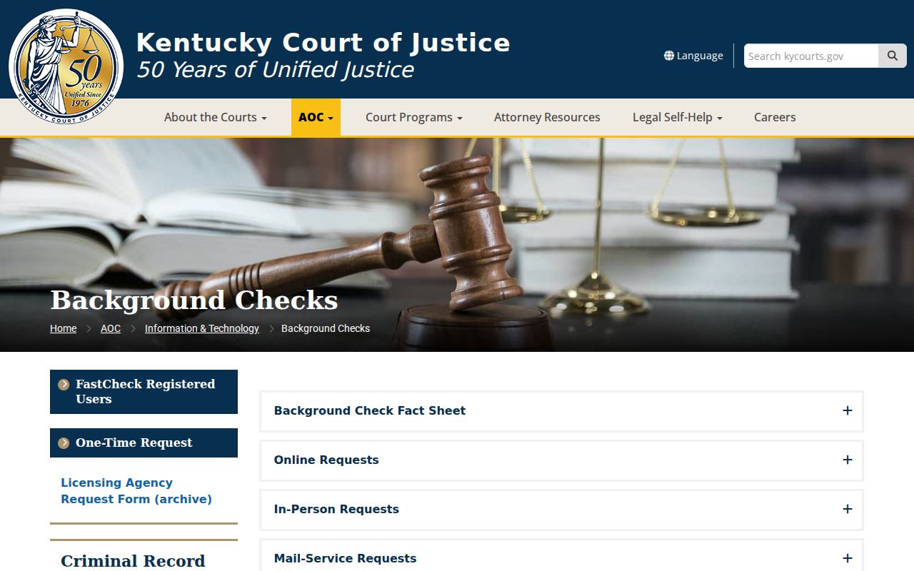 Powell County criminal history options on the Kentucky AOC background check page